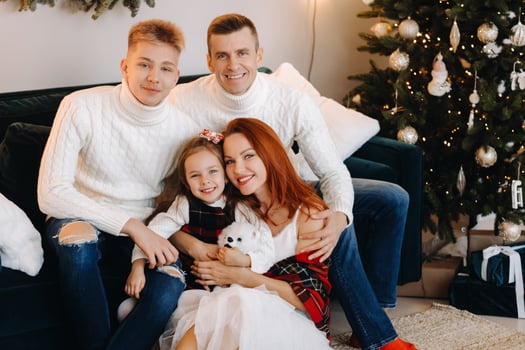 Close-up portrait of a happy family sitting on a sofa near a Christmas tree celebrating a holiday photo