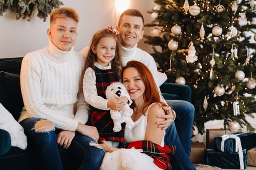 Close-up portrait of a happy family sitting on a sofa near a Christmas tree celebrating a holiday photo