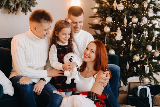 Close-up portrait of a happy family sitting on a sofa near a Christmas tree celebrating a holiday photo