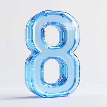 Transparent blue number eight displayed on a light background, showcasing contemporary design and vibrant color photo