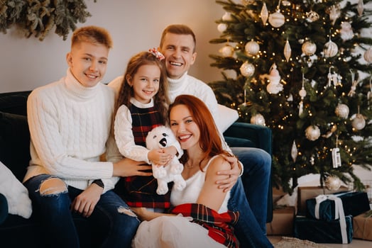 Close-up portrait of a happy family sitting on a sofa near a Christmas tree celebrating a holiday photo