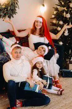 Close-up portrait of a happy family sitting on a sofa near a Christmas tree celebrating a holiday photo