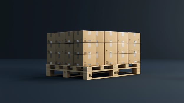 Stacked cardboard boxes on a wooden pallet in a dimly lit warehouse environment showcasing an organized storage area photo