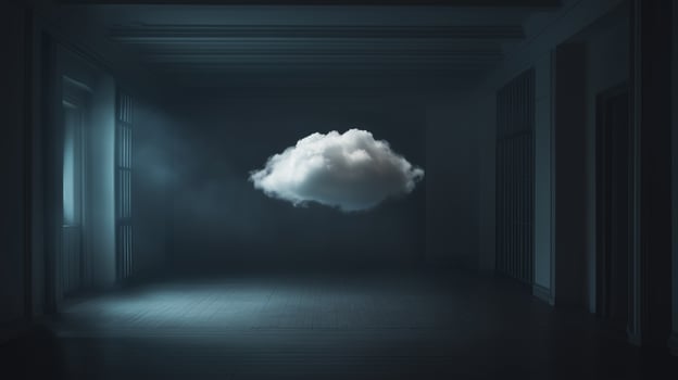 A solitary cloud floating in an empty, dimly lit room with dramatic shadows at dusk photo