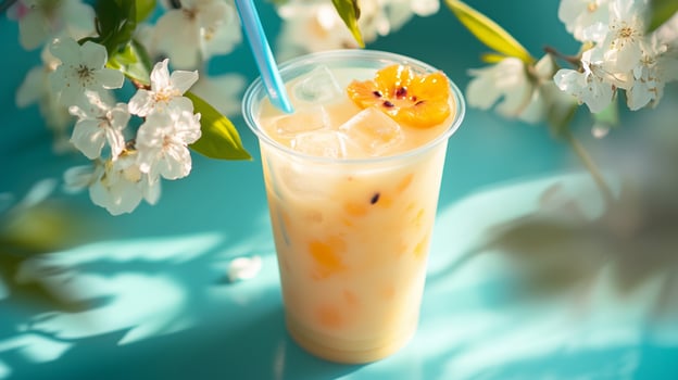 Refreshing fruit beverage in a clear cup surrounded by blossoms on a sunny day photo