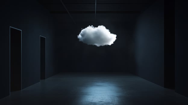A solitary cloud floating in a dimly lit room with dark walls and a reflective floor, creating an intriguing atmosphere photo