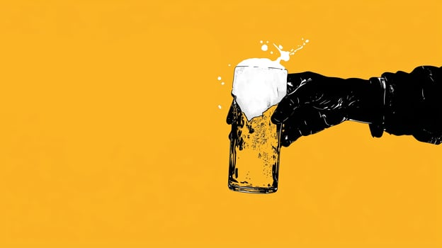 A hand in black gloves holds a glass of beer with frothy foam against a bright yellow background, conveying a festive mood photo