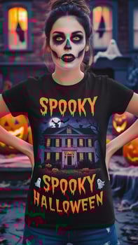 Whimsical Halloween Scene Haunted House, Witch, Ghosts, and Glowing Moon photo