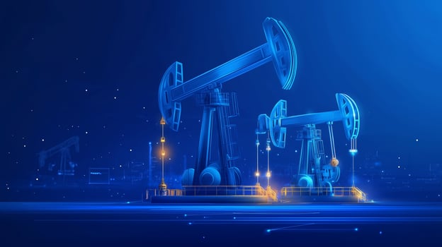 Oil pumps working at night under a starry blue sky with artificial lighting illuminating the scene in a modern industrial setting photo