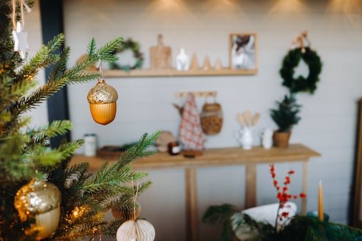 Close-up of a decorated Christmas tree with decorations in the interior of the Christmas kitchen photo