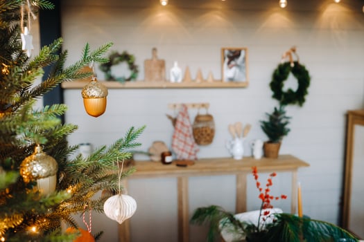 Close-up of a decorated Christmas tree with decorations in the interior of the Christmas kitchen photo