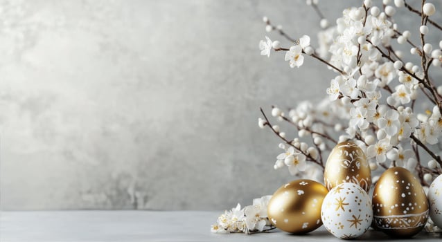 Elegant golden and white Easter eggs displayed amidst delicate spring blossoms and soft background photo