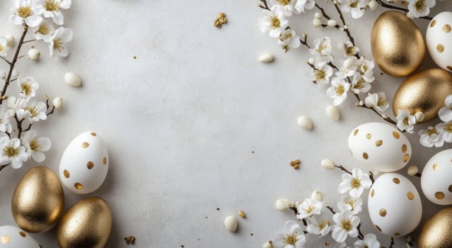 Elegant golden and white Easter eggs displayed amidst delicate spring blossoms and soft background photo