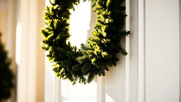 Green Christmas Wreath on White Wall photo