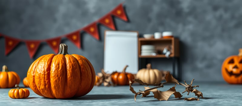 Pumpkins, Fall Leaves, and a Jack-o'-Lantern in the Background photo