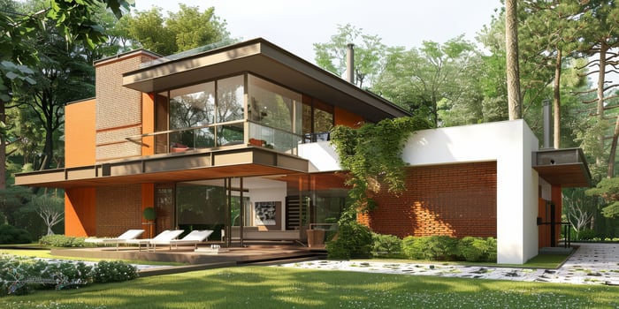 Contemporary two-story house with modern design and large windows, surrounded by lush greenery and natural beauty. photo