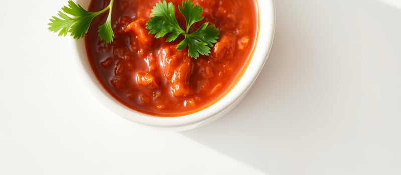 Tomato Salsa in a White Bowl with Parsley Garnish photo