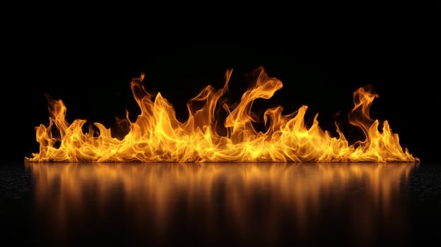 Bright flames dance above a reflective surface, creating a mesmerizing display of fire against a dark background at night photo
