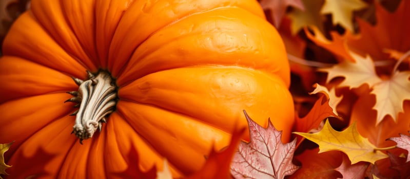Close-up of a Pumpkin with Autumn Leaves photo