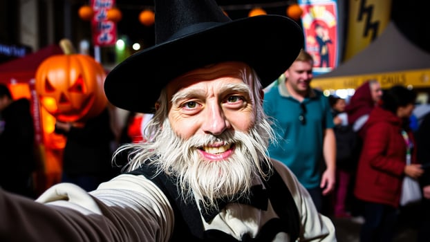 Happy Man With White Beard And Hat At Halloween Party photo