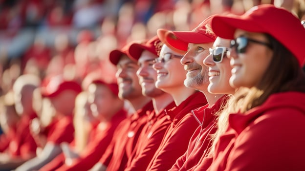 Cheerful spectators wearing red attire enjoy a lively event in the sun during a summer afternoon photo