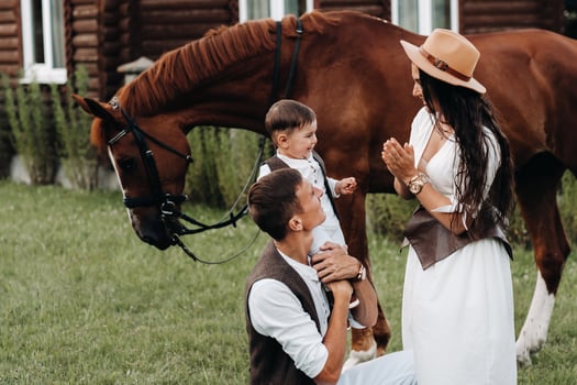 A family in white clothes with their son stand near two beautiful horses in nature. A stylish couple with a child are photographed with horses photo