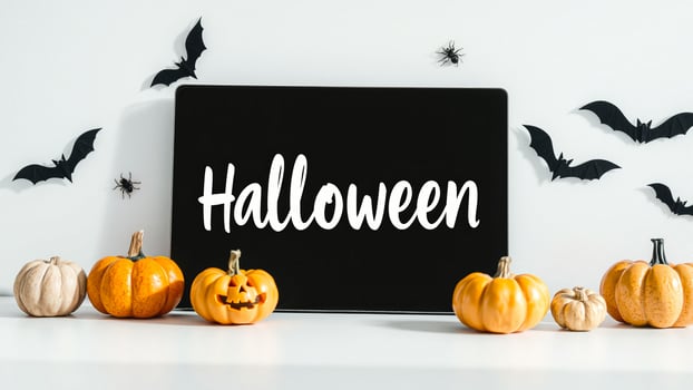 Halloween Decorations with Pumpkins and Bats photo