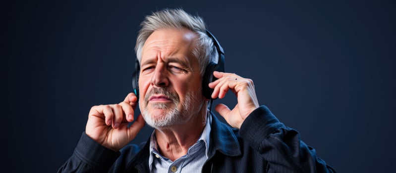 Senior man listening to music on headphones photo