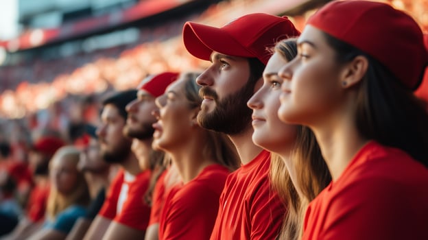 Fans in red apparel passionately watching a live sports event at a packed stadium during an afternoon match photo