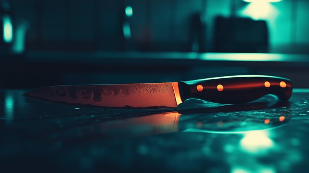 A sharp kitchen knife resting on a marble countertop in a dimly lit kitchen during the evening photo