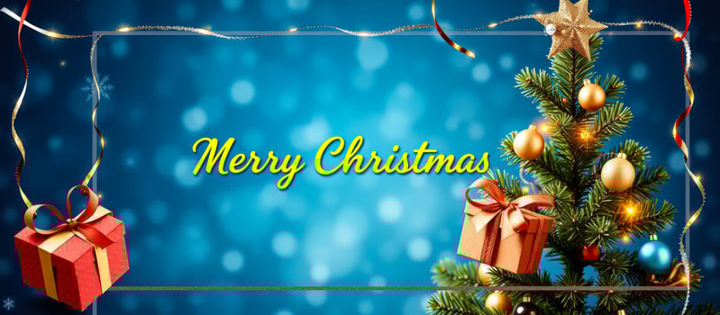 Merry Christmas Card with Christmas Tree and Gifts photo