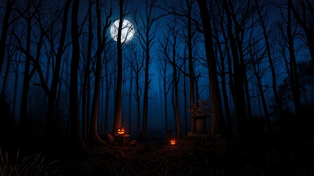 Spooky Halloween Forest with Jack-O-Lanterns photo