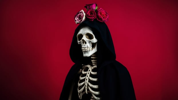 Skeleton wearing black cloak with roses photo