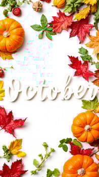 Autumn leaves and pumpkins border on white background photo