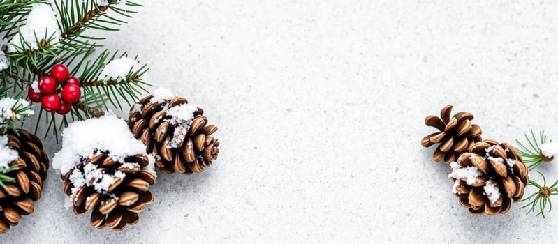 Pine Cones and Snow Covered Sprig on White Background photo