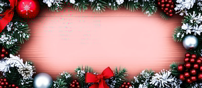Christmas Background with Pine Branches, Snow, Red Ornaments and a Bow photo