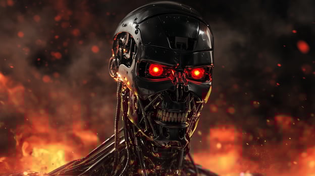 A futuristic robot with glowing red eyes emerges from flames in a dystopian landscape showcasing advanced technology and AI themes photo