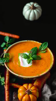 Creamy Pumpkin Soup with Fresh Herbs and Whipped Cream photo