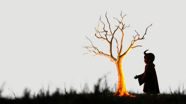 Silhouette of a Child Dressed as a Devil Standing in Front of a Glowing Tree photo
