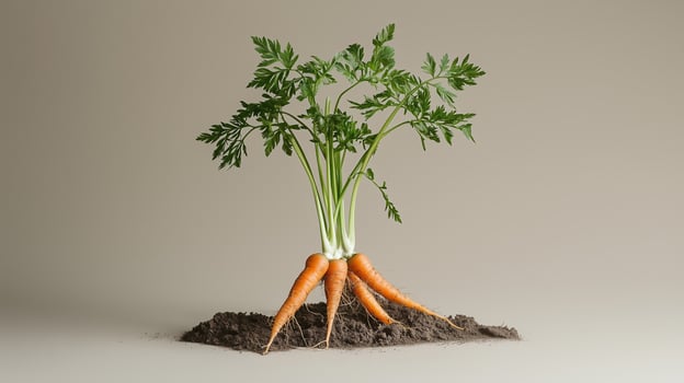 Freshly harvested carrots with green tops displayed on soil against a neutral backdrop in a minimalistic setting photo