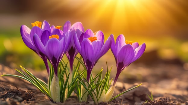 Beautiful purple crocus flowers bloom brightly in the soft sunlight during early spring in a vibrant garden setting photo