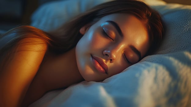 A young woman peacefully sleeping in a cozy bedroom at night with soft blue lighting photo