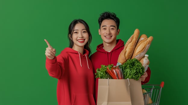 Cheerful young couple with groceries in a shopping cart on a green background enjoying their time together photo