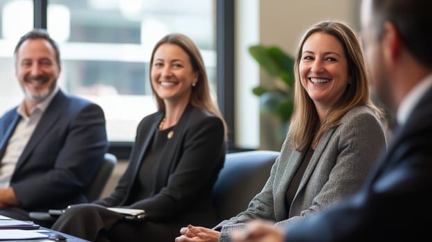 Business professionals engaging in a collaborative meeting at an office in the afternoon, sharing insights and discussing strategies photo