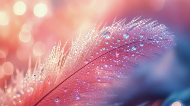 Close-up of a pink feather with dew drops glistening in soft light at dawn photo