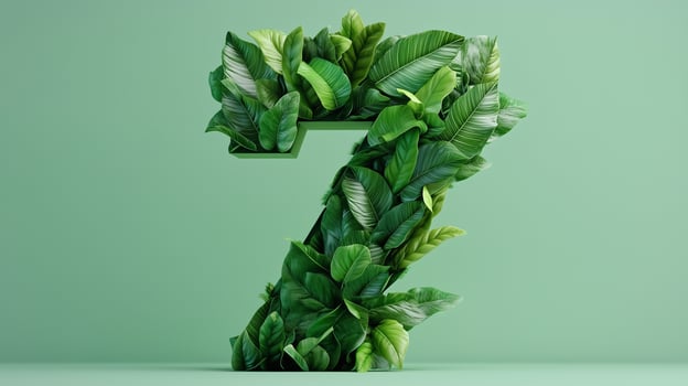 The number 7 is framed by a series of green leaves solid background photo