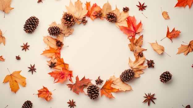 Rounded yellow brown autumn leaves and pine arranged copy space backgronund photo