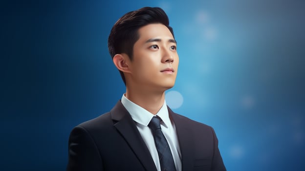Focused korean businessman in formal attire portrait image. Young executive dressed in suit tie photography studio shot. Goal-oriented man professional ambition concept photo realistic