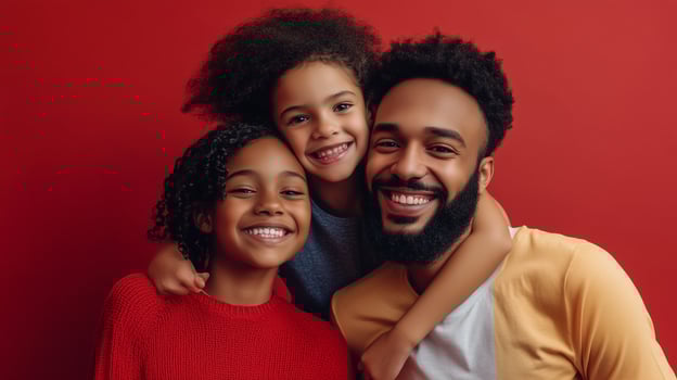 A joyful father poses with his two smiling daughters against a red background, showcasing love and family bonding photo