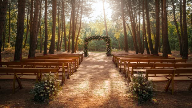 Outdoor wedding ceremony setup in a tranquil forest with floral decorations and wooden benches photo